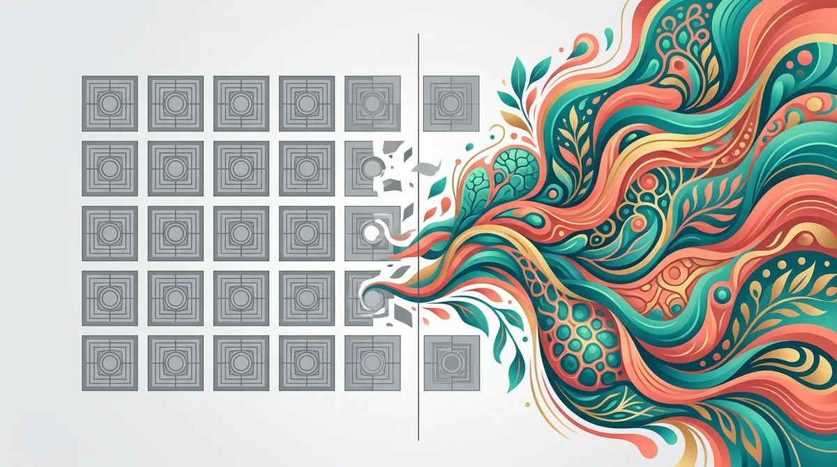 Rigid grey template grid blocks on the left transforming into vibrant unique flowing designs on the right