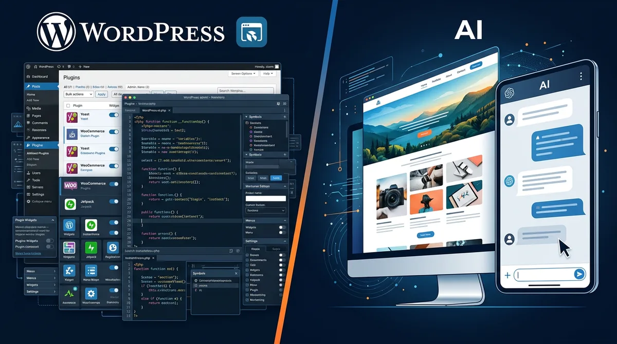 Split screen comparison of WordPress admin panels on the left versus a clean AI chat interface on the right
