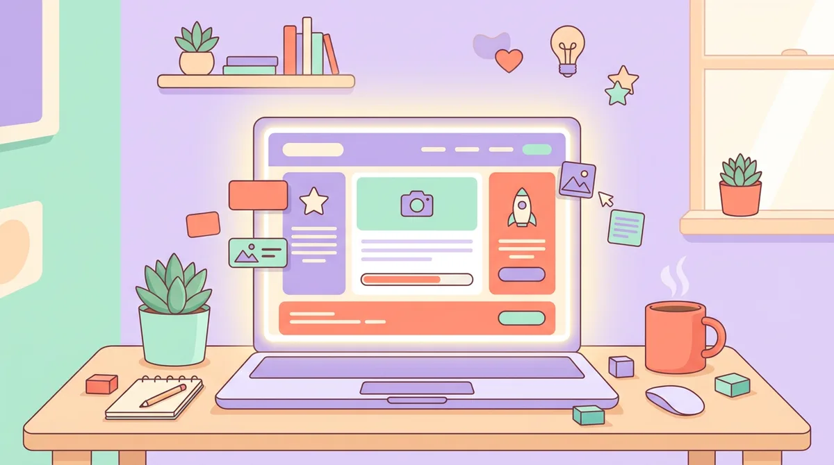 Friendly illustration of a website being assembled from colorful blocks on a glowing screen