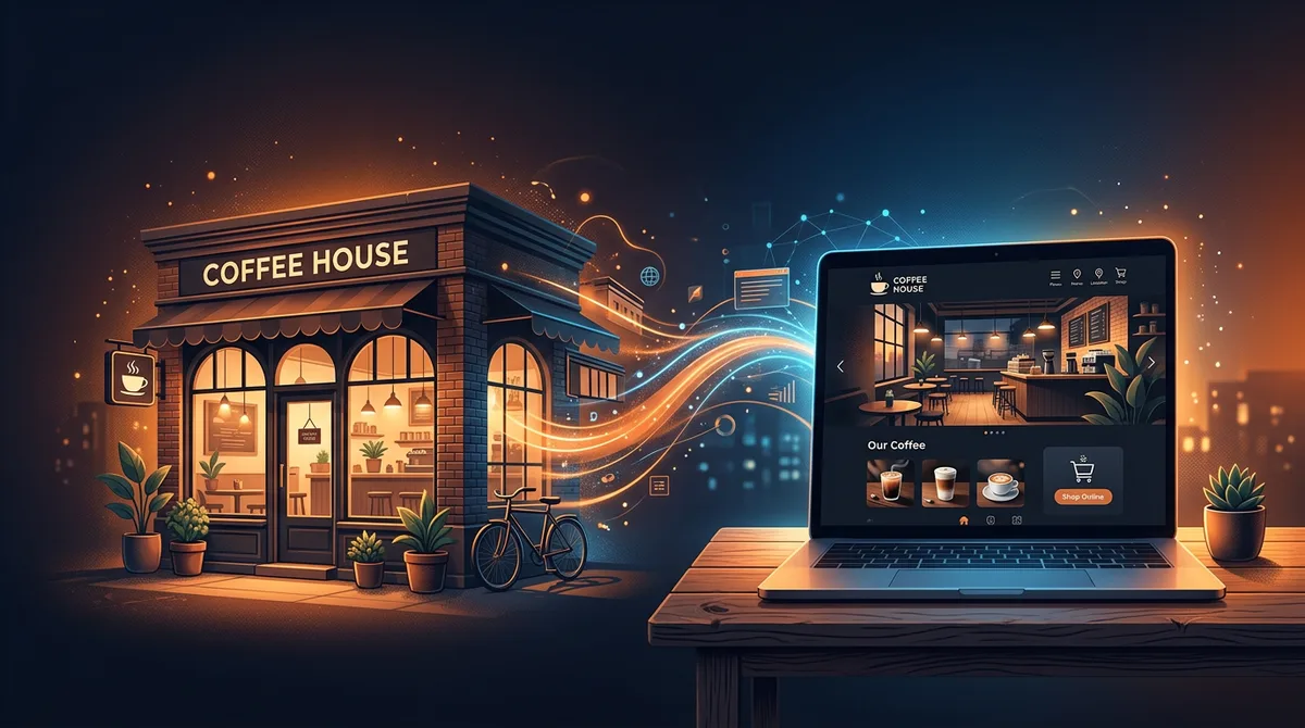Small business storefront transforming into a professional website on a laptop screen