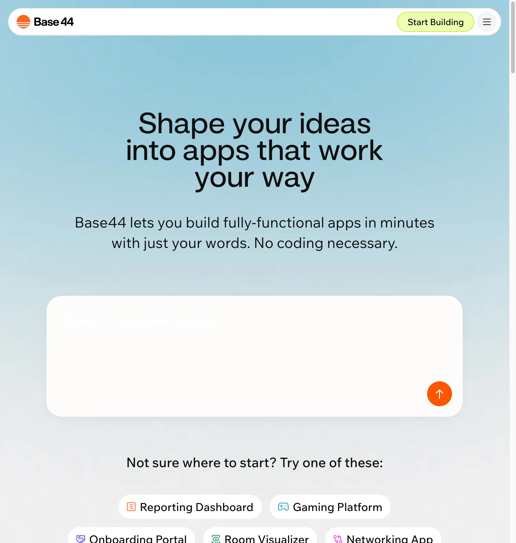 Base44 homepage - Shape your ideas into apps