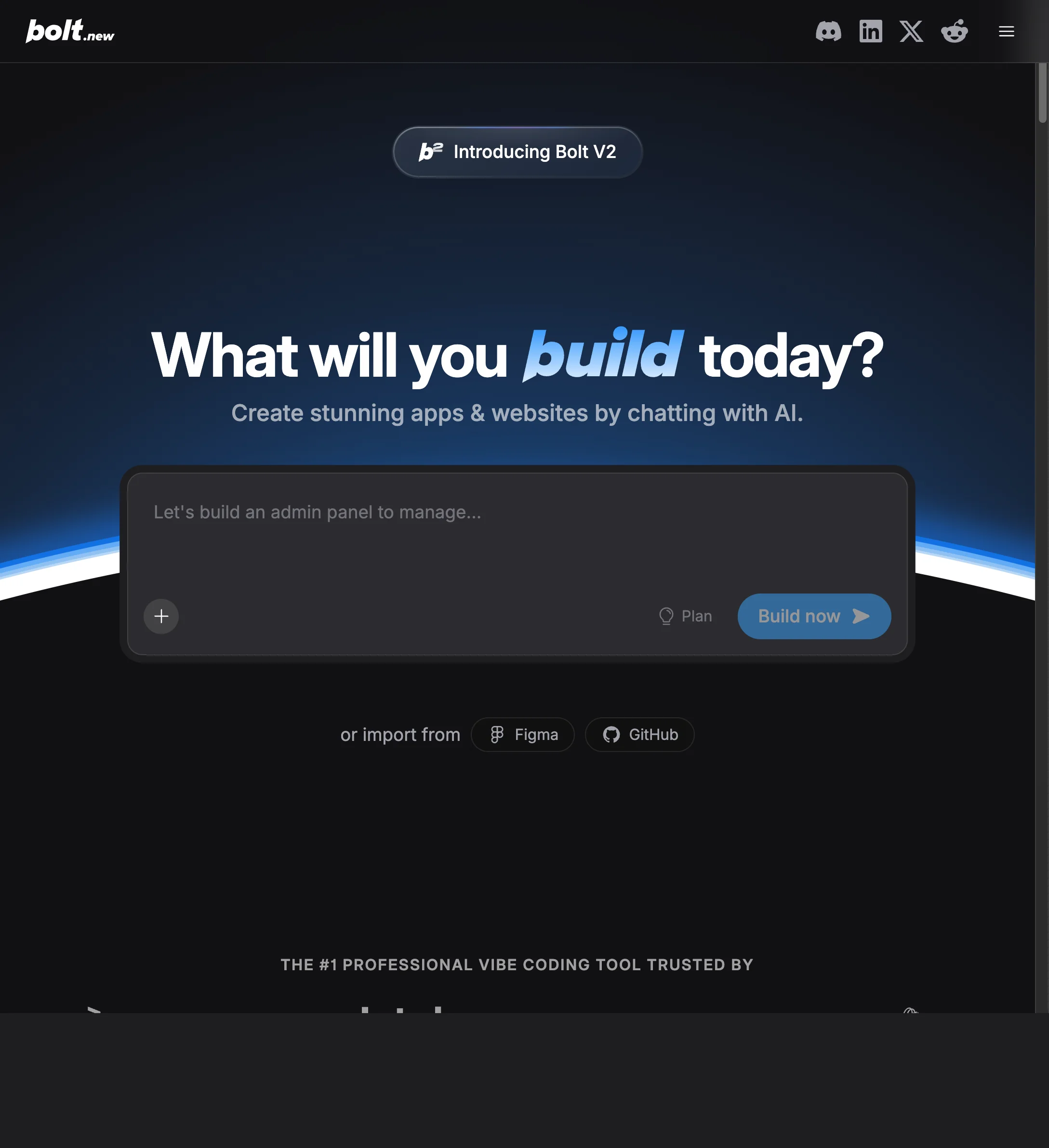 Bolt.new homepage - AI app generator