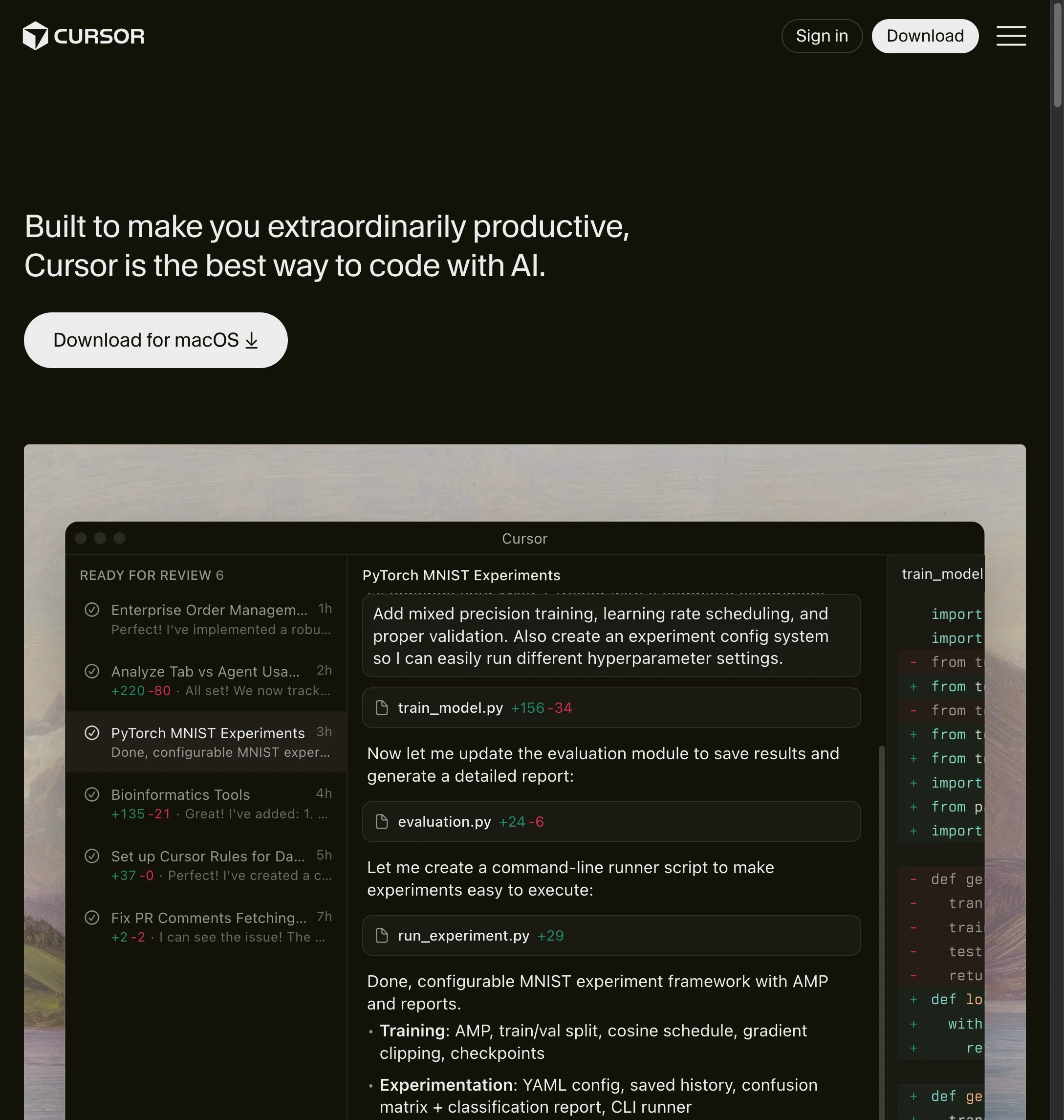 Cursor homepage - AI-enhanced code editor
