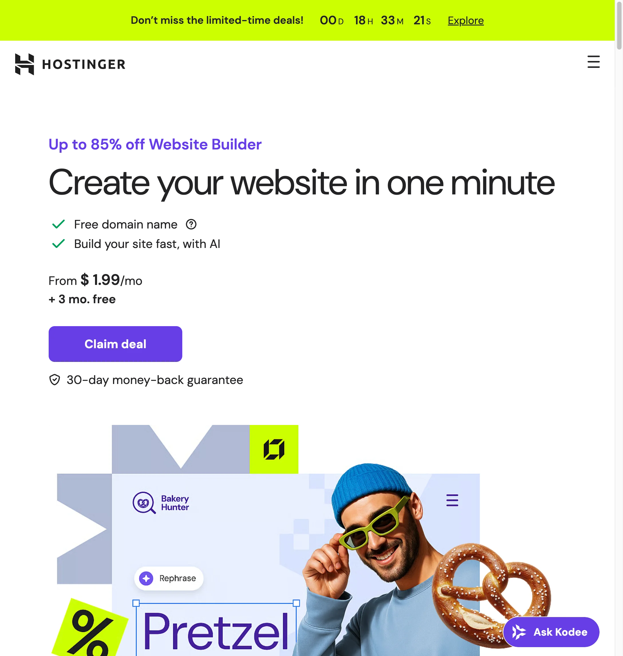 Hostinger Website Builder homepage