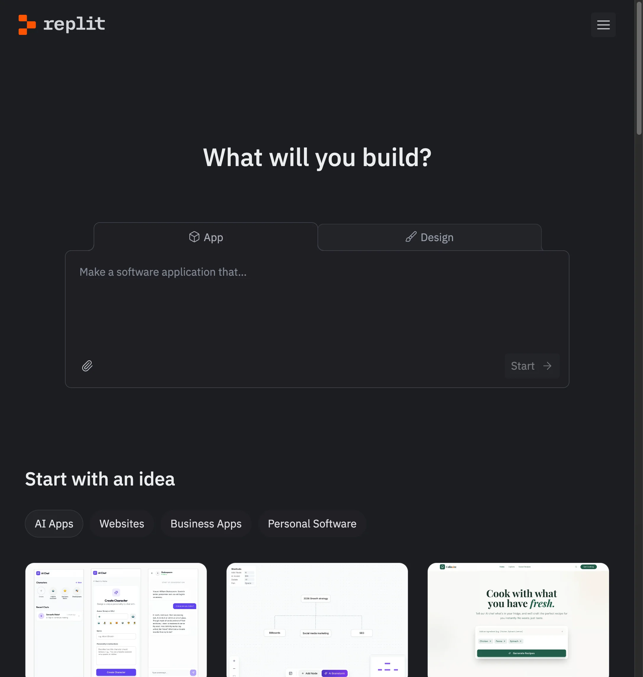 Replit homepage - What will you build?