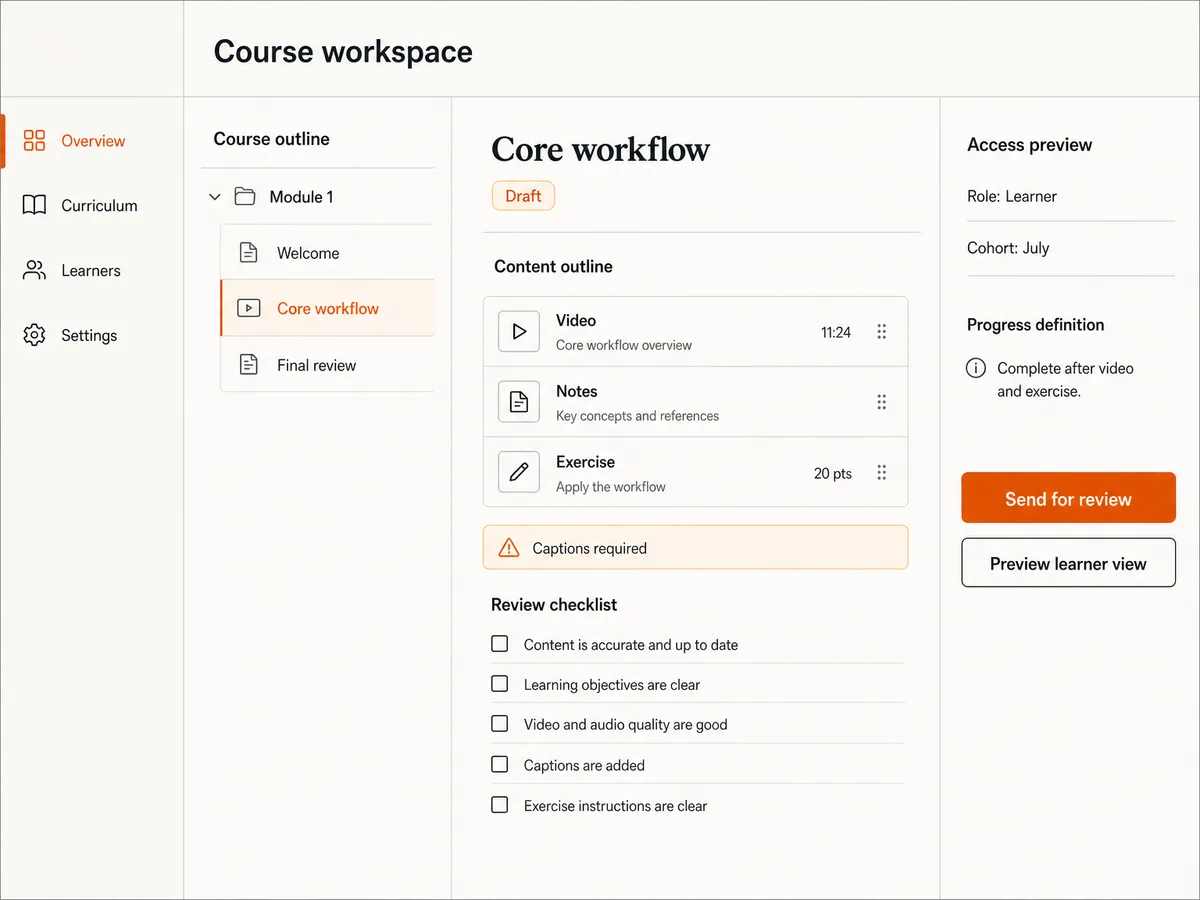 Illustrative course operations workspace with module outline, selected lesson editor, draft status, review actions, learner access preview, and completion rule