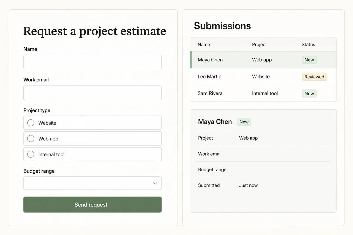 Illustrative project estimate form beside a submissions review table and record detail