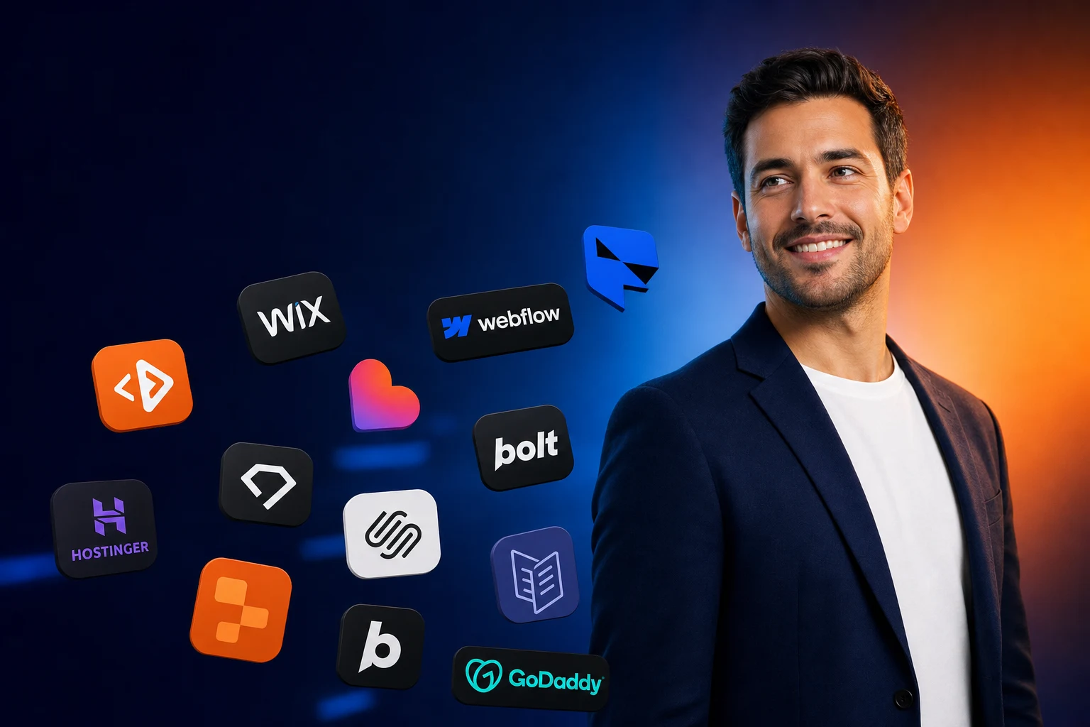 The 13 AI website builders covered in this guide (Playcode, Wix, Webflow, Framer, Squarespace, Lovable, Bolt, Durable, 10Web, Hostinger, Replit, Carrd, GoDaddy) shown as floating product logos next to the reviewer