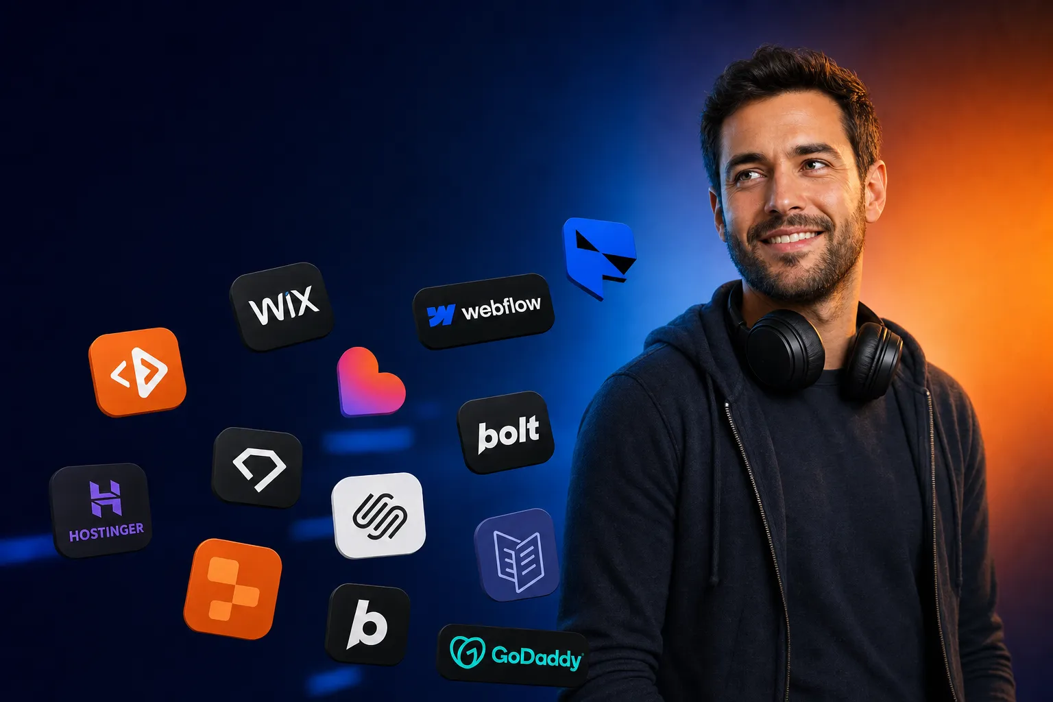 The 13 AI website builders covered in this guide (Playcode, Wix, Webflow, Framer, Squarespace, Lovable, Bolt, Durable, 10Web, Hostinger, Replit, Carrd, GoDaddy) shown as floating product logos next to the reviewer