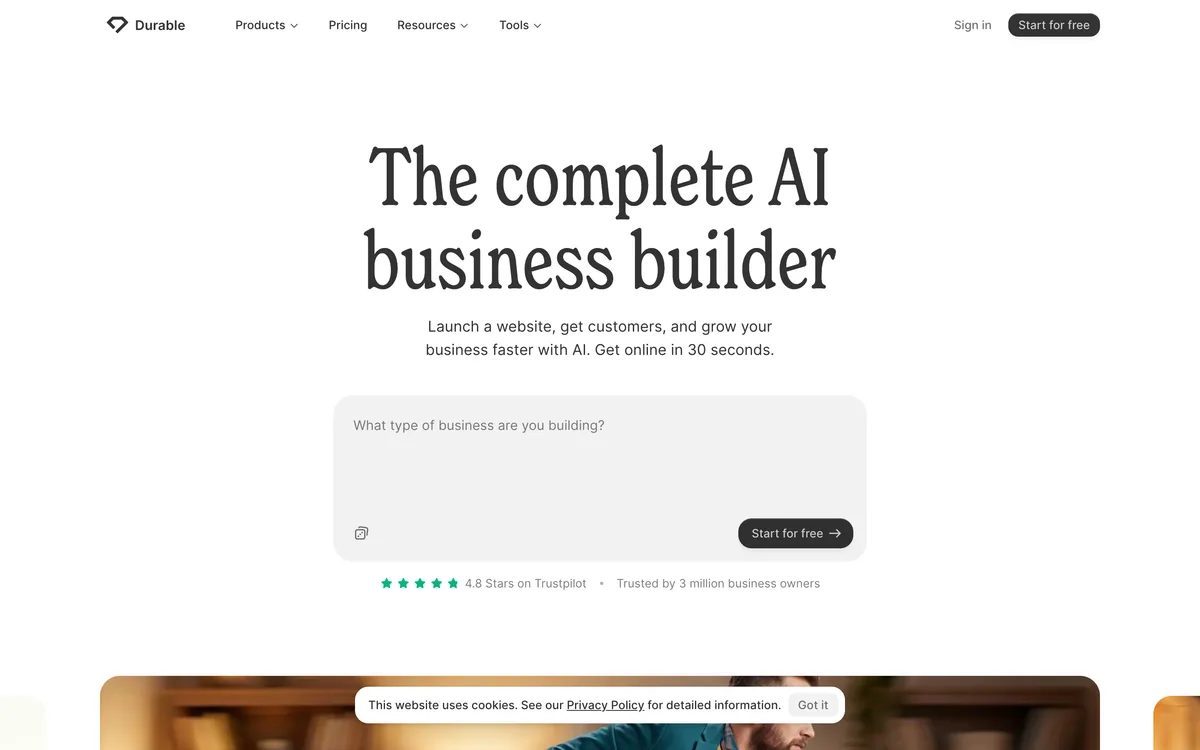 Durable homepage, May 2026