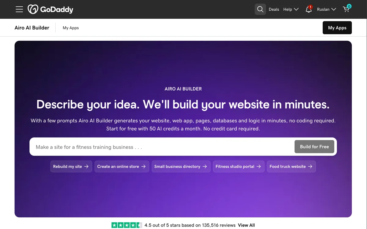 GoDaddy Airo homepage, May 2026