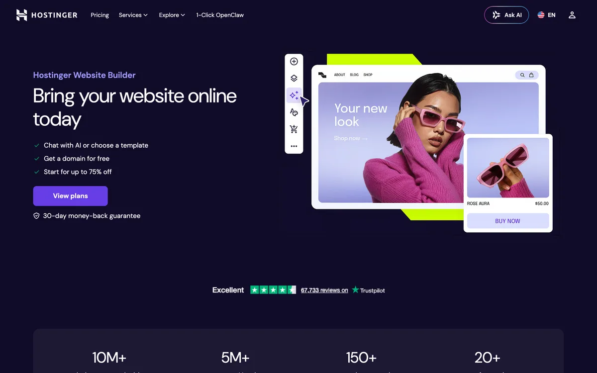 Hostinger AI homepage, May 2026