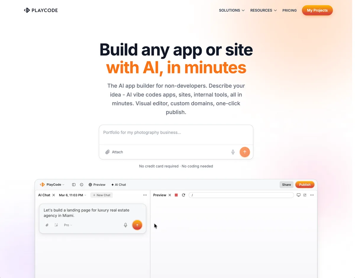 Playcode homepage, May 2026