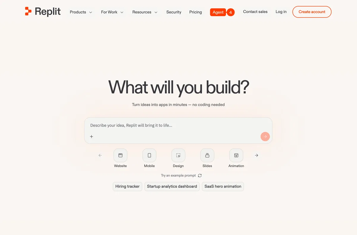 Replit homepage, May 2026