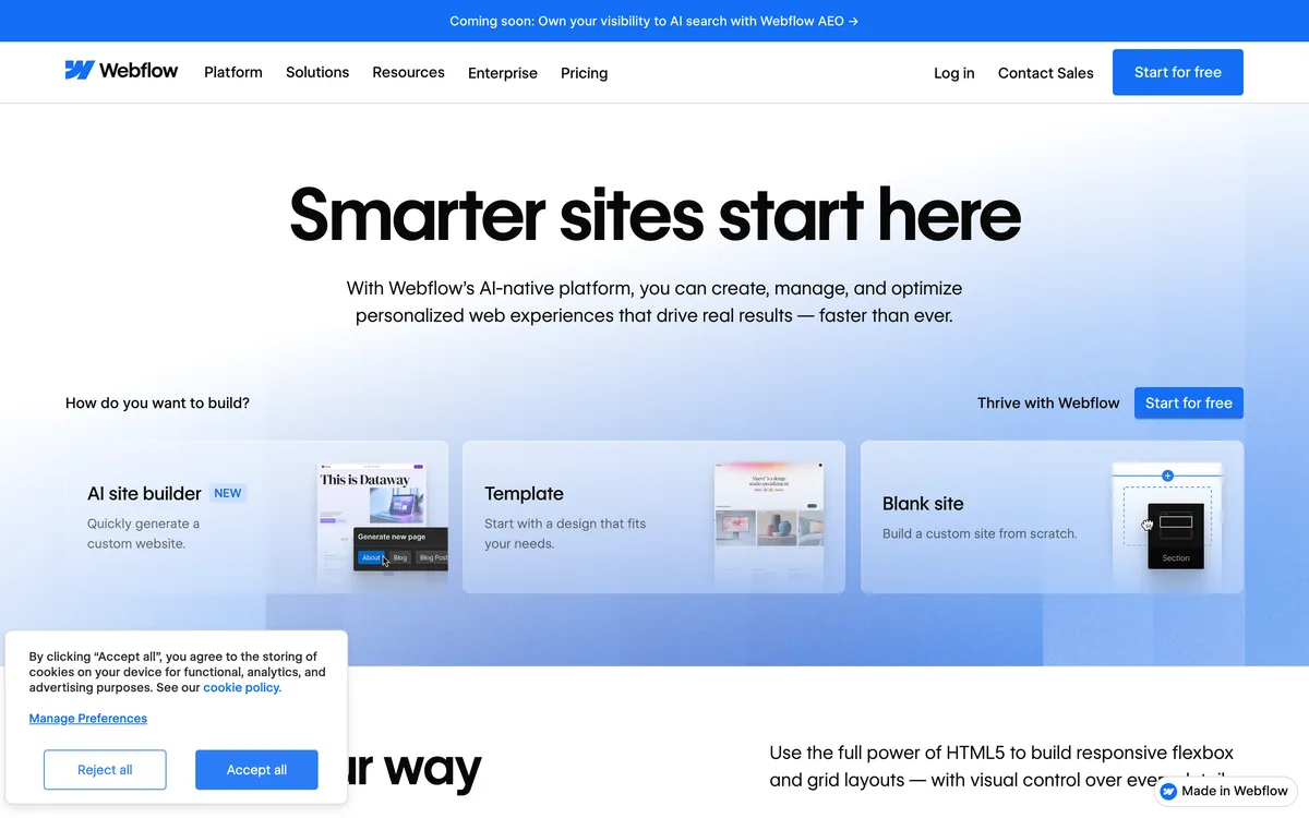 Webflow homepage, May 2026