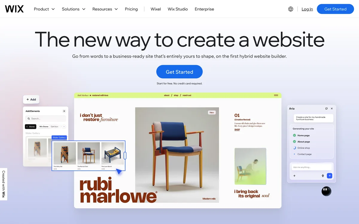 Wix AI homepage, May 2026