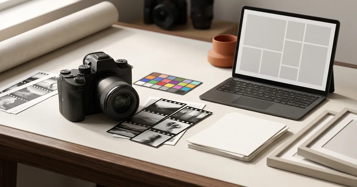 Editorial still life of a camera, contact sheets, gallery frames, and a laptop-shaped viewing surface arranged for a platform comparison
