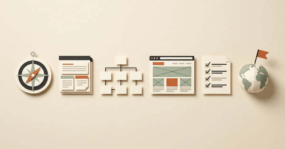 Six-stage website plan showing a goal, content, sitemap, page layout, checklist, and launch