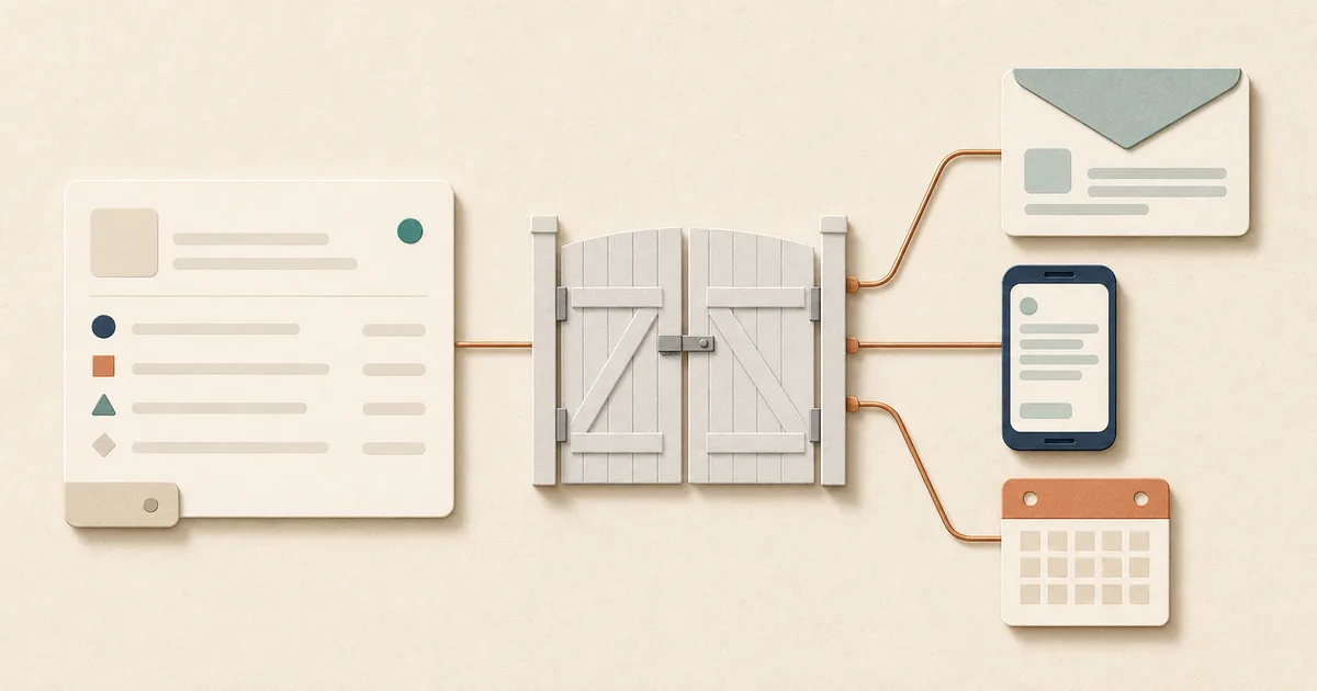 Editorial diagram of a blank booking record passing through a closed gate toward blank email, SMS, and calendar cards