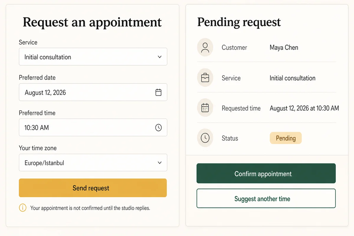 Illustrative booking request form beside a staff view showing the same service and time with pending status