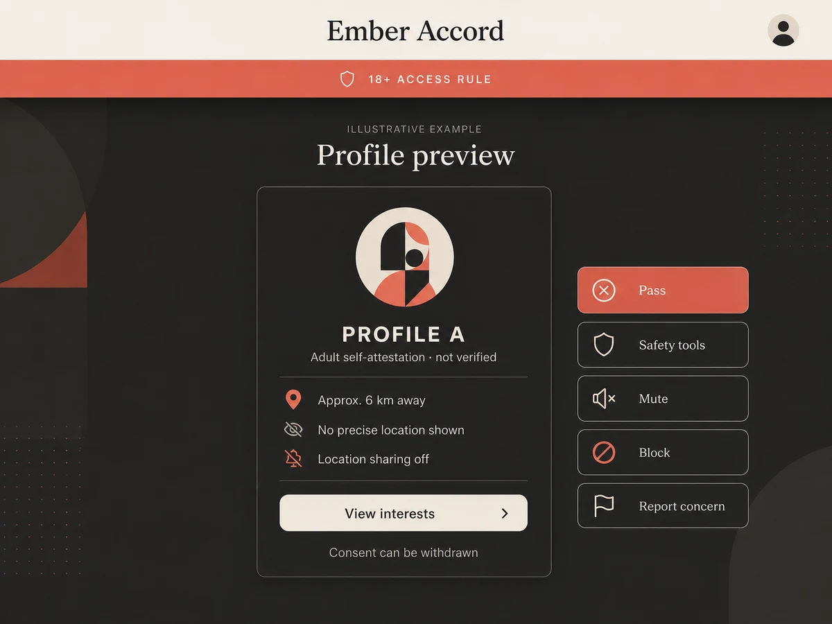 Illustrative fictional Ember Accord profile preview with an 18 plus access rule, adult self-attestation marked not verified, approximate distance, location sharing off, and pass, mute, block, and report concern controls