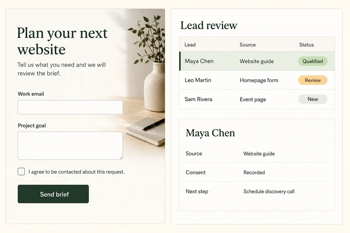Illustrative website brief form beside a lead review queue with source, consent, status, and next-step fields