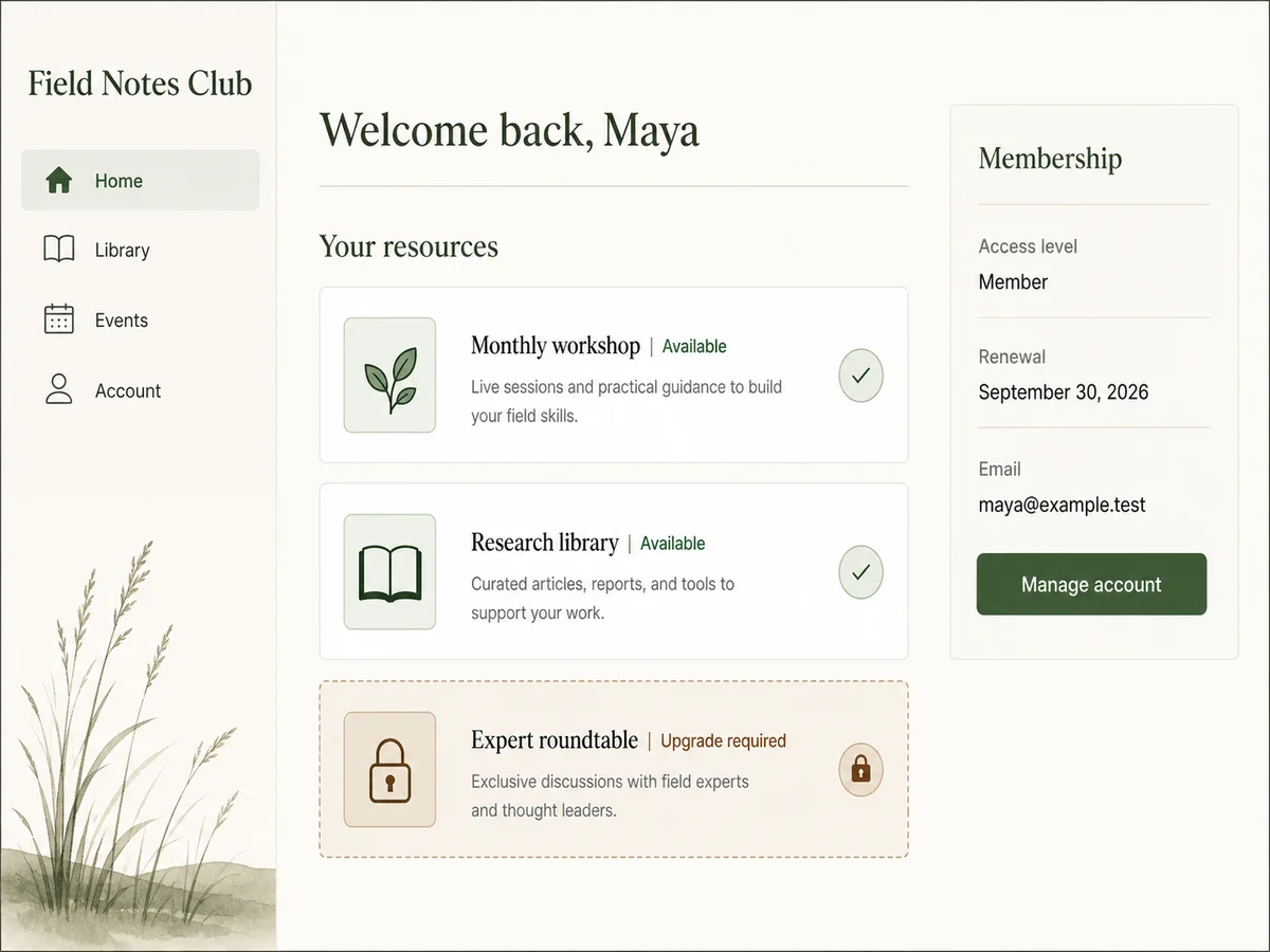 Illustrative member portal with workspace, resource, and access-status labels