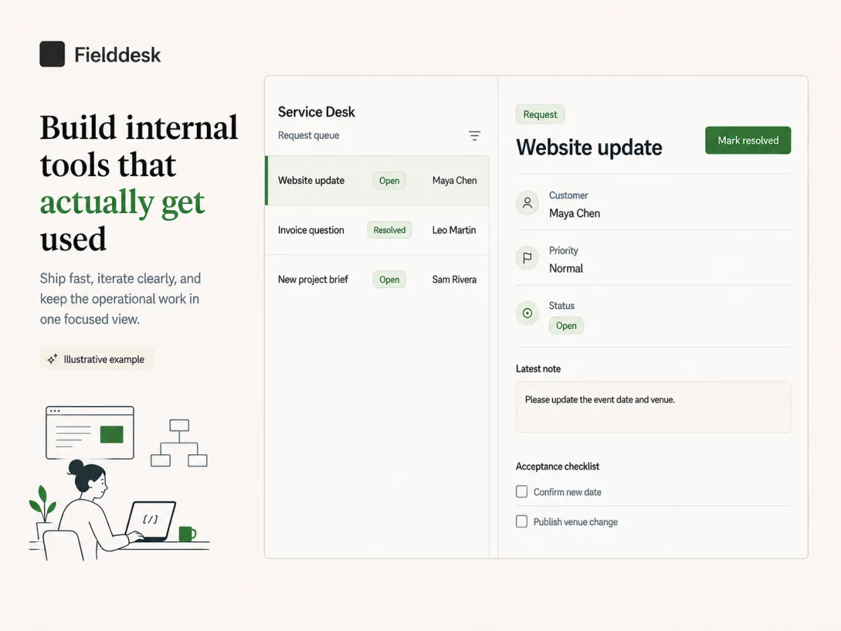 Illustrative service desk web app with a request queue, request statuses, and selected record detail