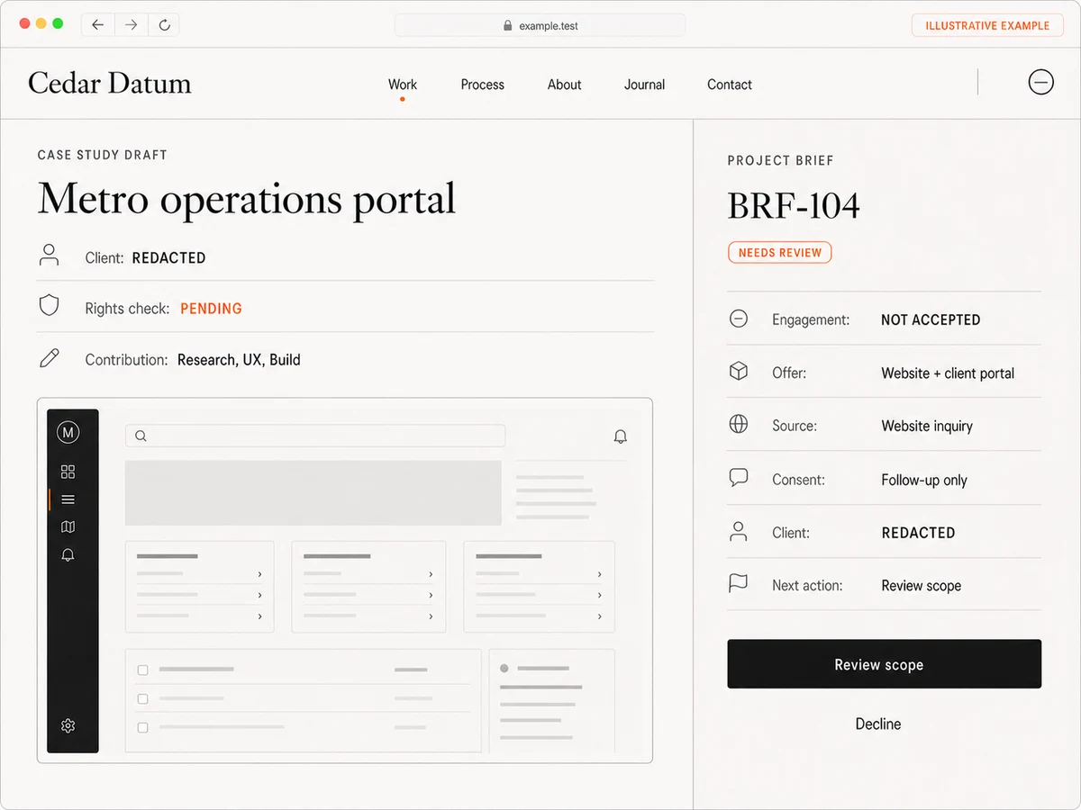 Illustrative Cedar Datum agency website interface showing a case-study preview beside a project brief marked needs review and engagement not accepted