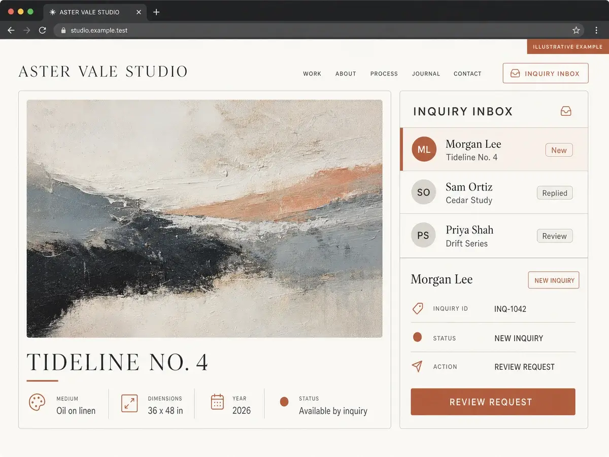 Illustrative Aster Vale Studio interface showing Tideline No. 4 artwork details beside a three-row inquiry inbox with INQ-1042 selected as a new inquiry.