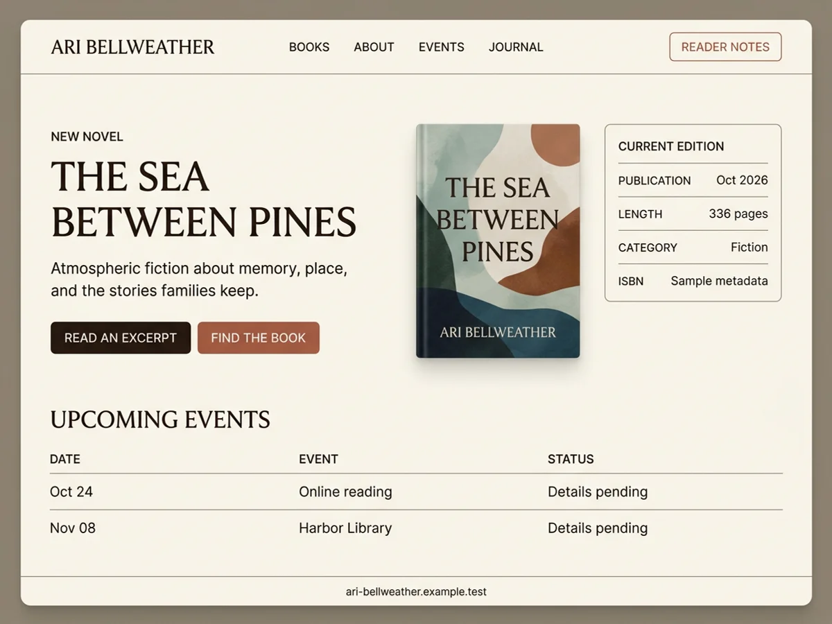 Illustrative Ari Bellweather author website for the fictional novel The Sea Between Pines, with excerpt and book actions, sample edition metadata, and two events marked details pending.