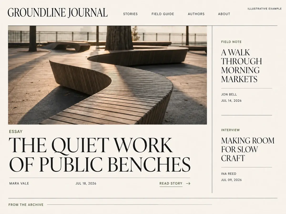 Illustrative Groundline Journal blog homepage with a public-bench feature by Mara Vale dated July 18, 2026, a morning-markets field note by Jon Bell, and a slow-craft interview by Ina Reed.