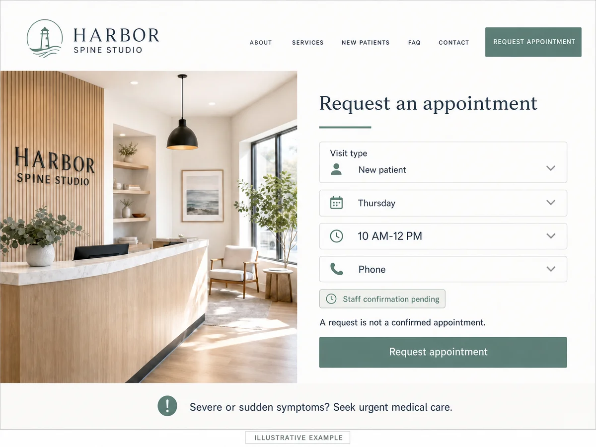 Illustrative Harbor Spine Studio website showing a minimal appointment request marked staff confirmation pending and urgent-care guidance.