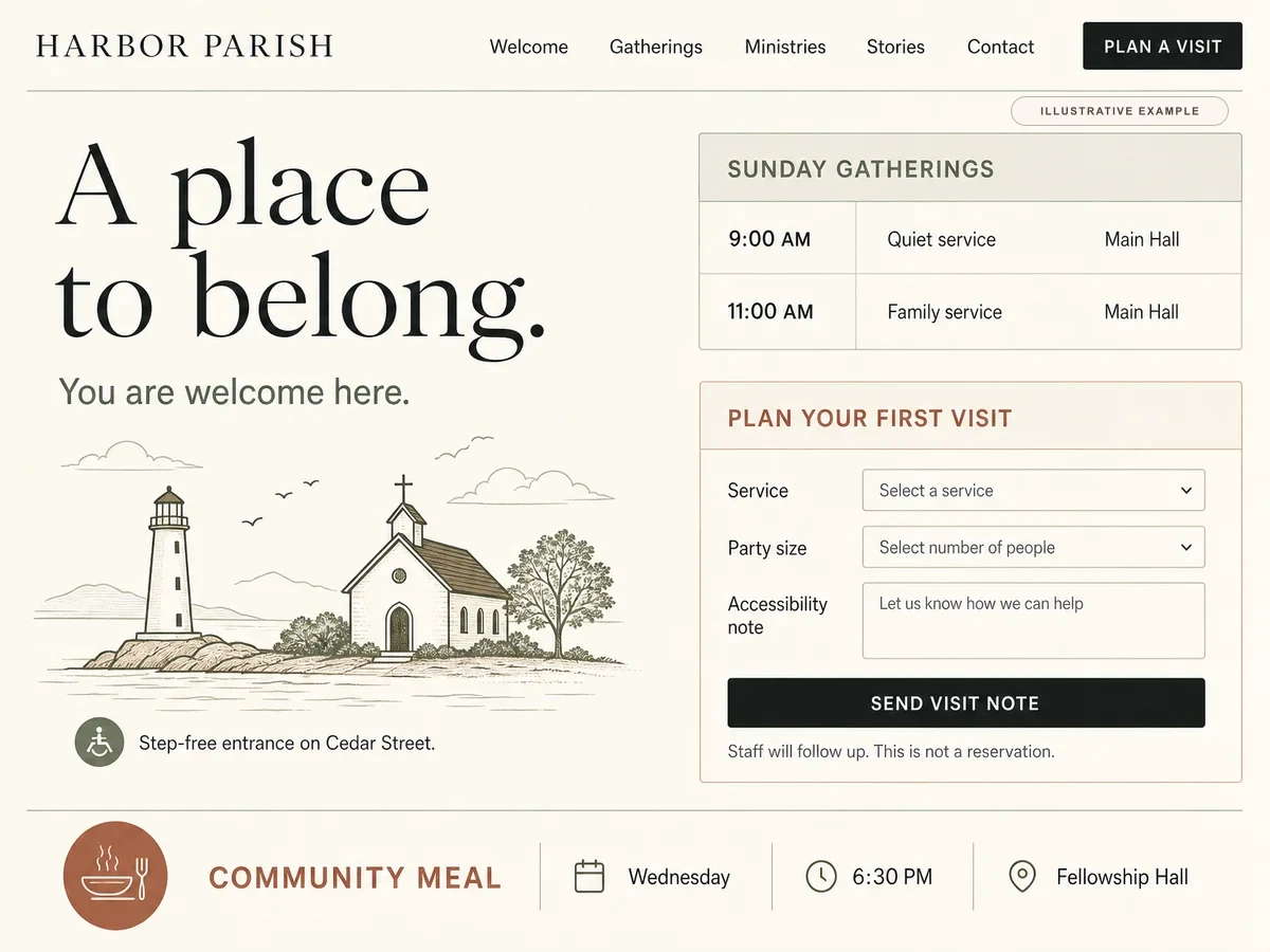 Illustrative Harbor Parish website with Sunday service times, accessibility details, a first-visit note marked for staff follow-up, and an upcoming community meal.