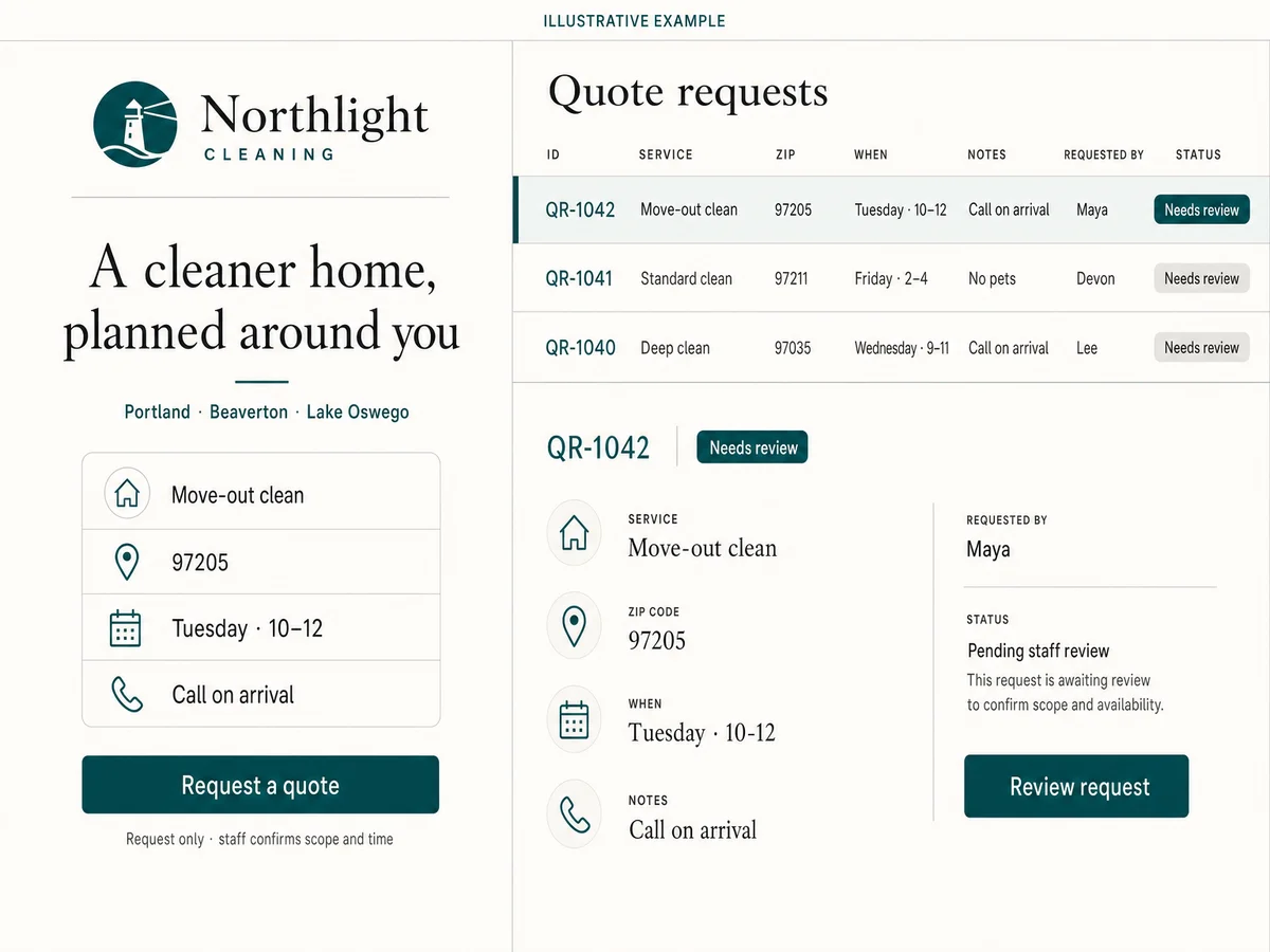 Illustrative Northlight Cleaning interface showing a move-out quote request for postal code 97205 and a three-row staff ledger with request QR-1042 marked Needs review.