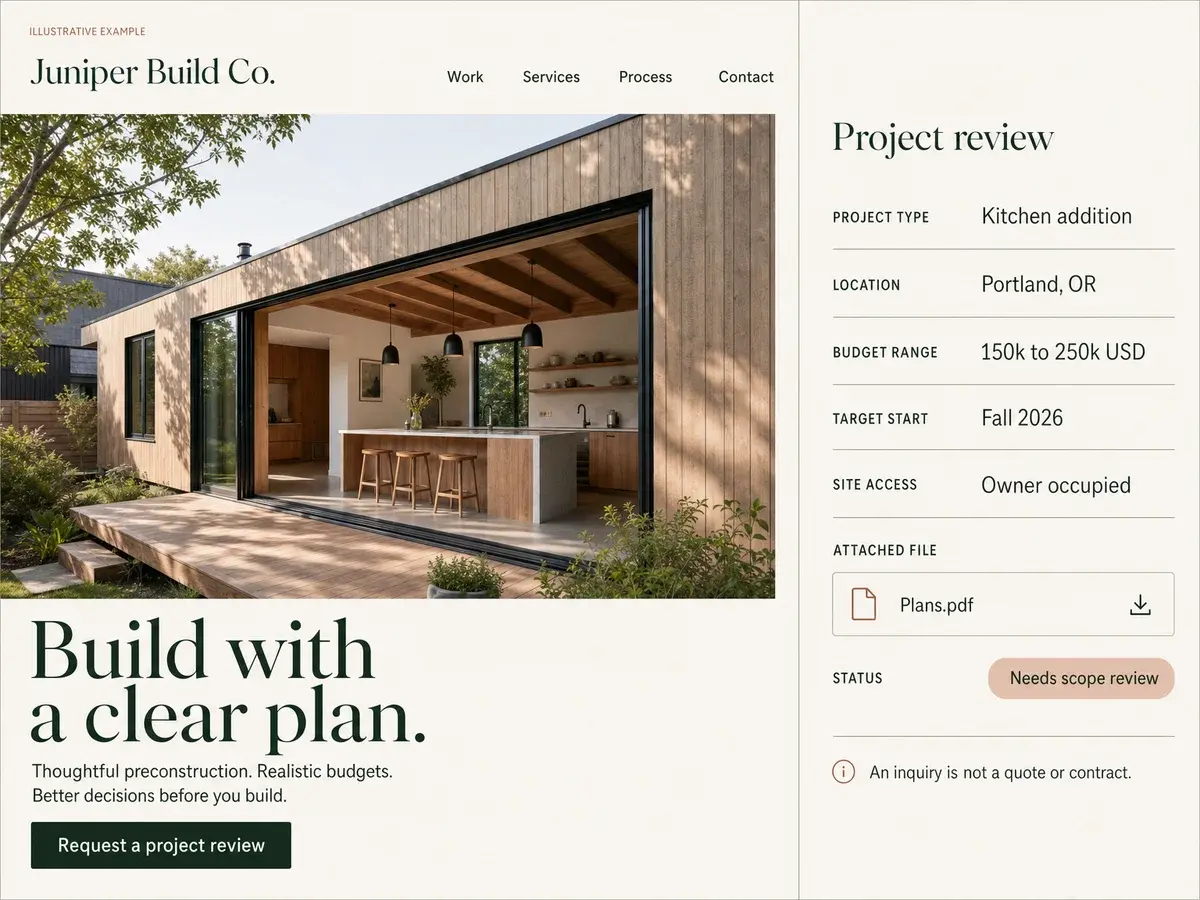 Illustrative Juniper Build Co. website showing a kitchen addition case study beside a project brief marked needs scope review.