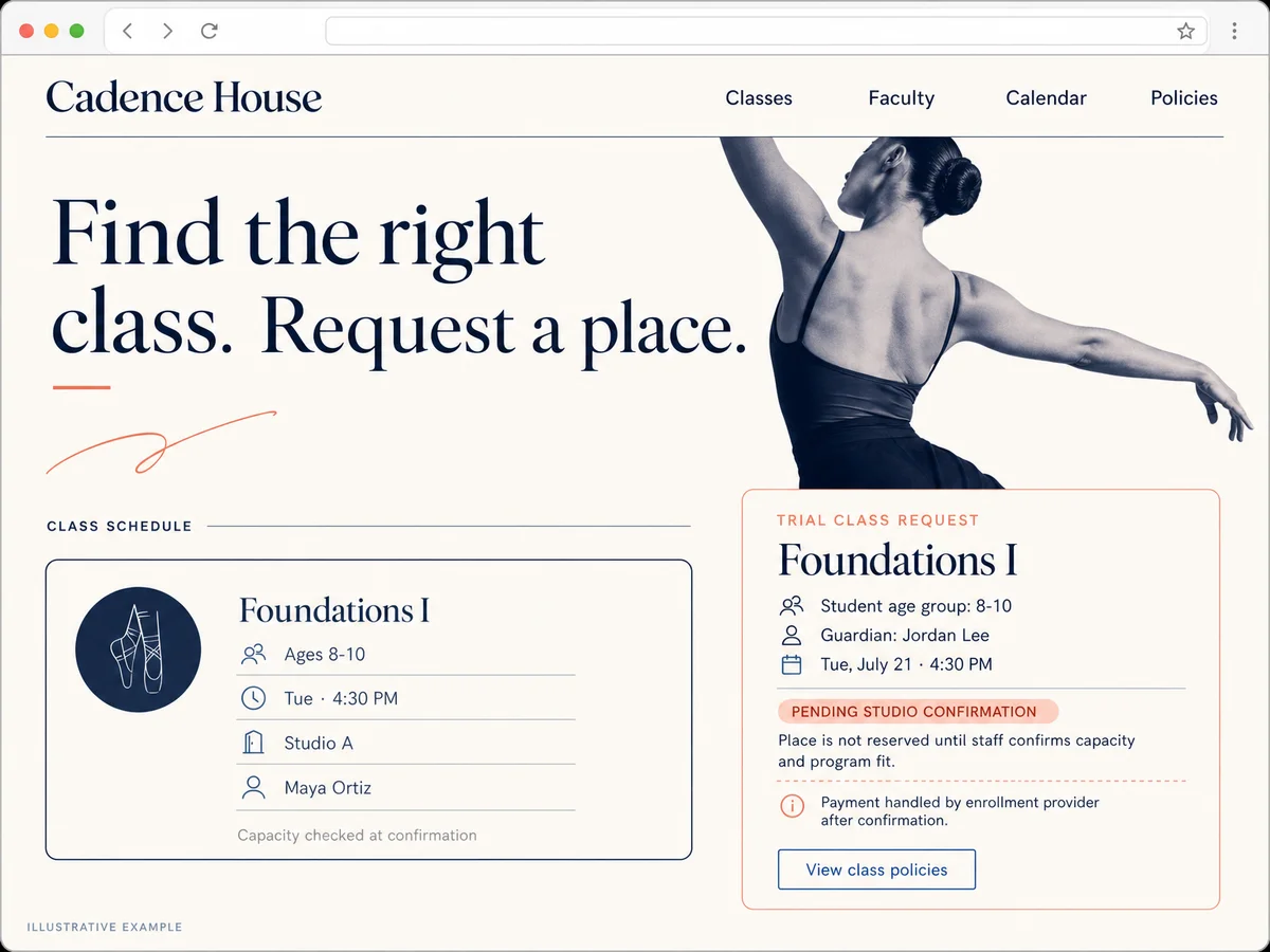 Illustrative Cadence House website showing a Foundations I class and Jordan Lee’s guardian-led trial request pending studio confirmation.