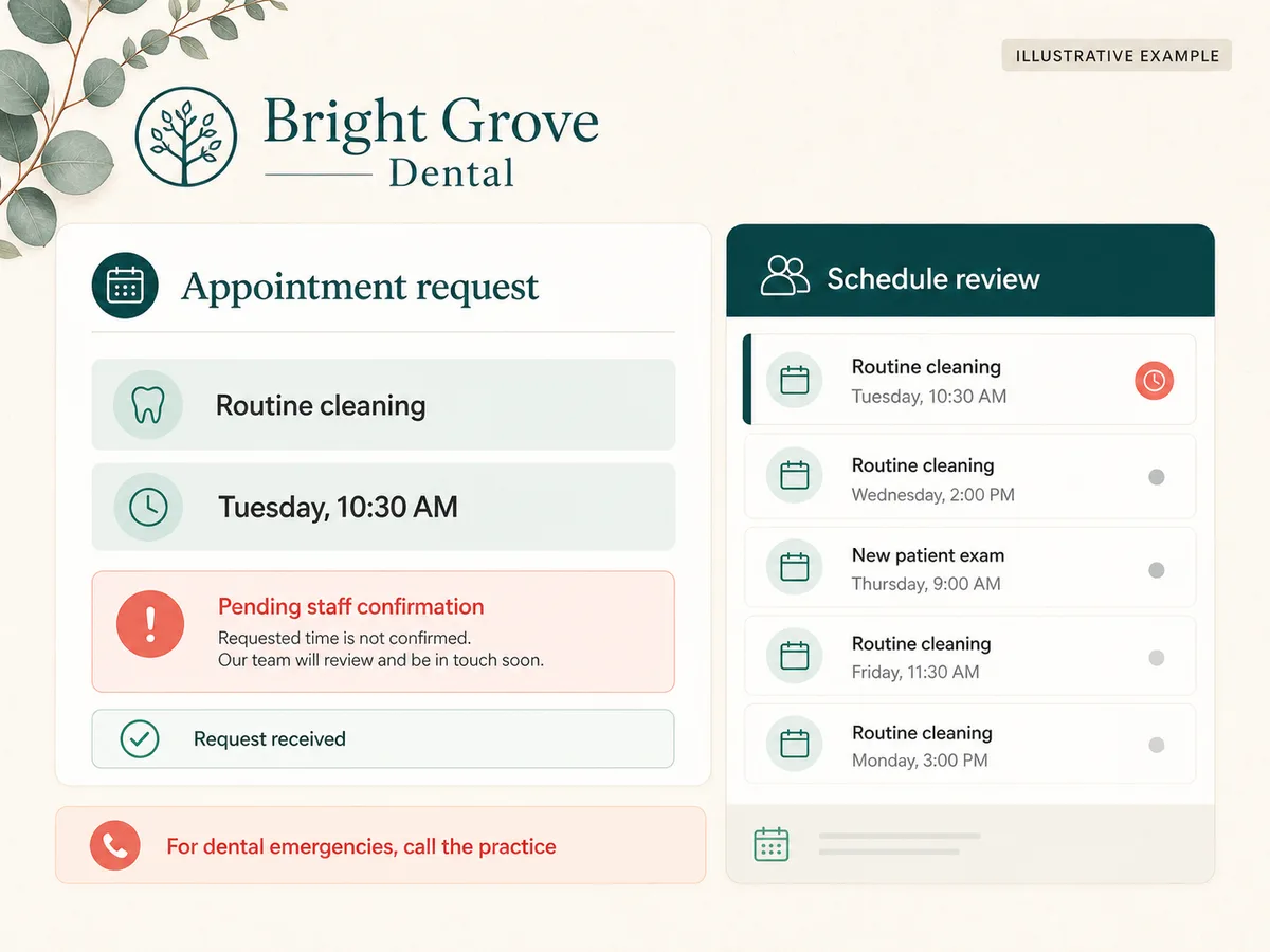 Illustrative Bright Grove Dental interface showing a routine-cleaning appointment request pending staff confirmation and emergency call guidance.