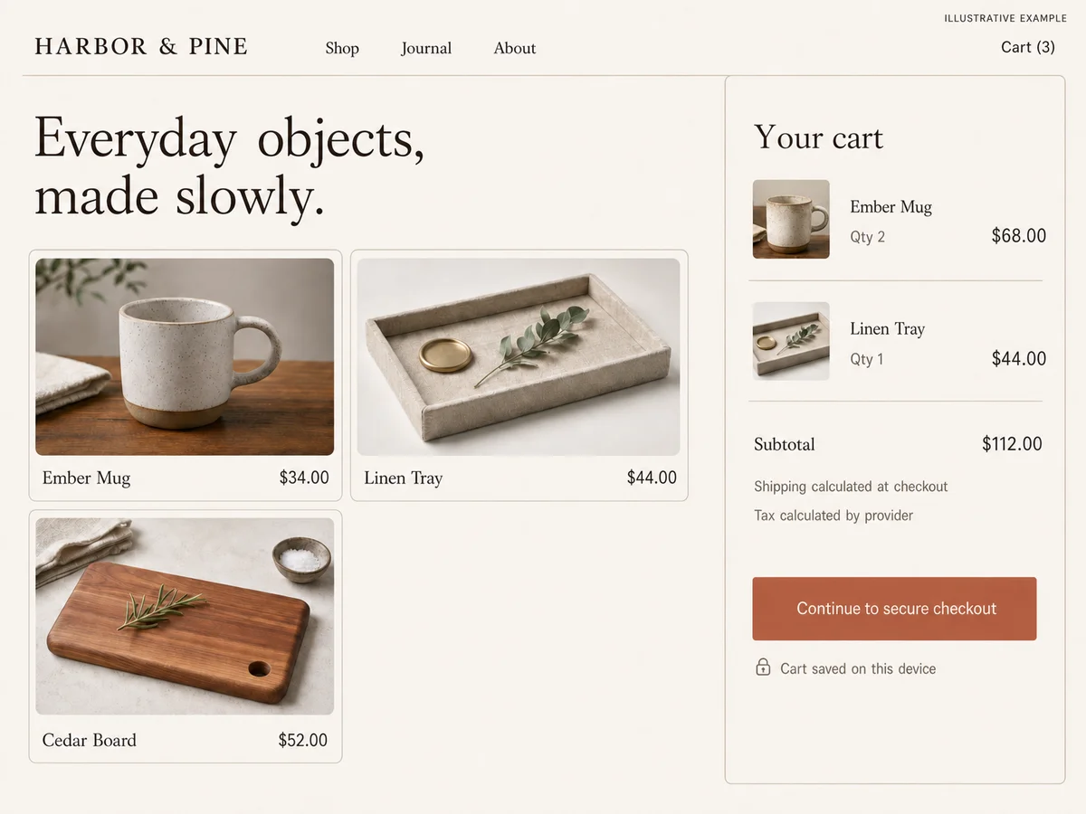 Illustrative Harbor and Pine home-goods storefront showing three products and a cart with two Ember Mugs, one Linen Tray, and a reconciled $112 subtotal before provider checkout.