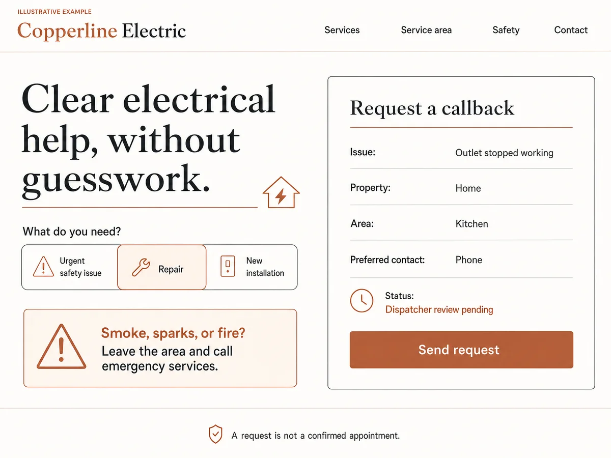 Illustrative Copperline Electric website showing an electrical safety warning and a repair callback request pending dispatcher review.