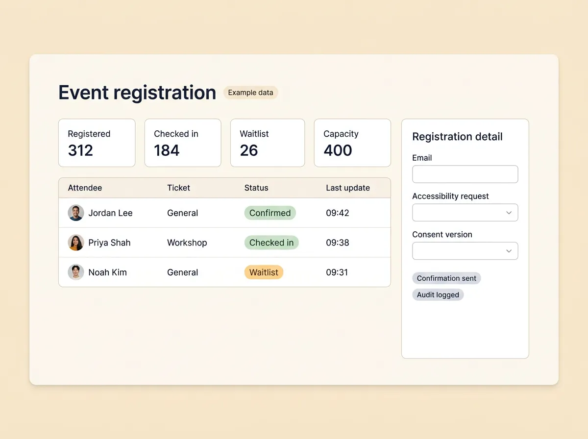 Illustrative event registration interface with fictional registered, checked-in, waitlist, and capacity totals, attendee rows, consent, accessibility, confirmation, and audit cues