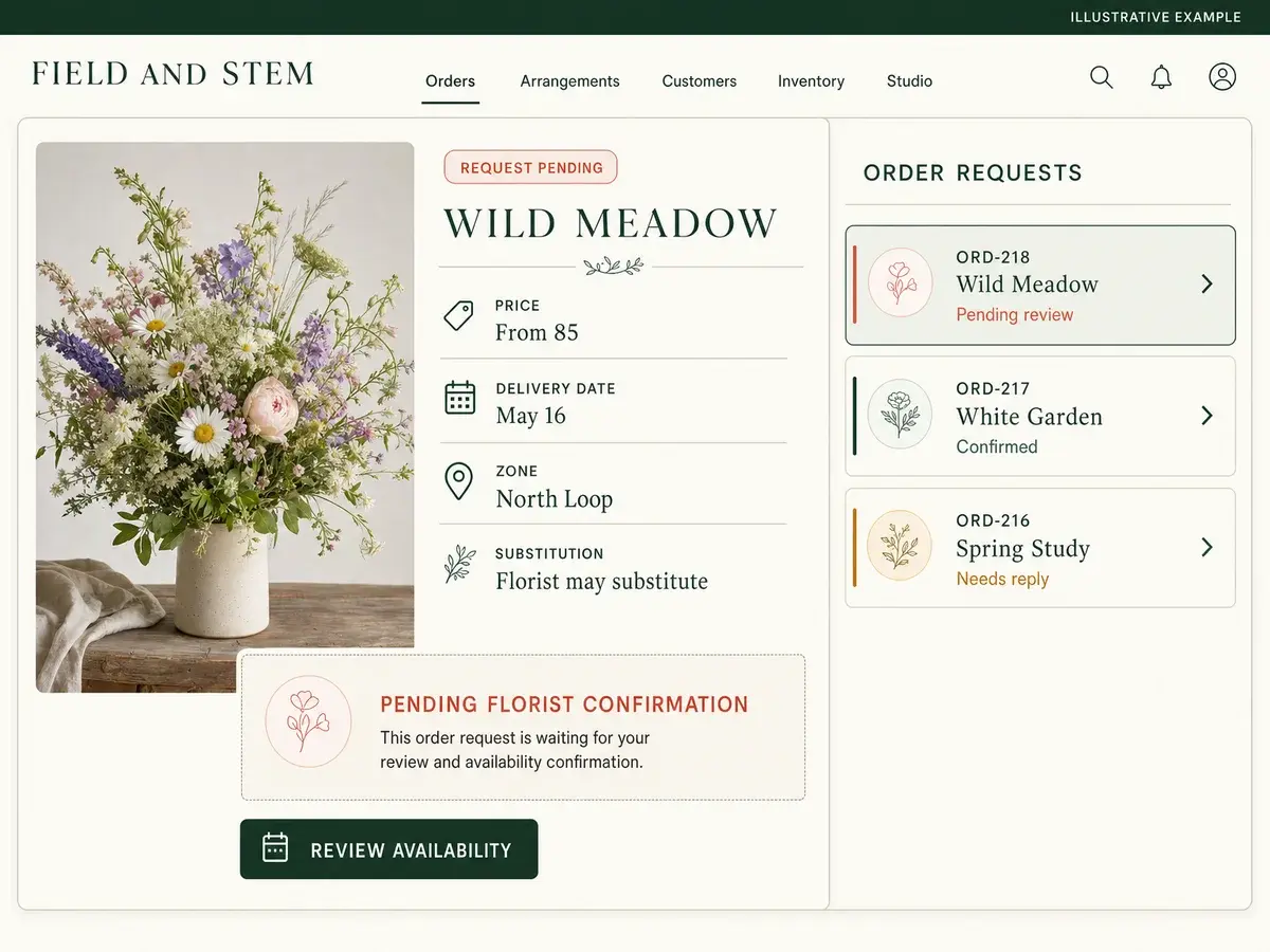 Illustrative Field and Stem interface showing the Wild Meadow arrangement request pending florist confirmation beside a three-row order-request queue.