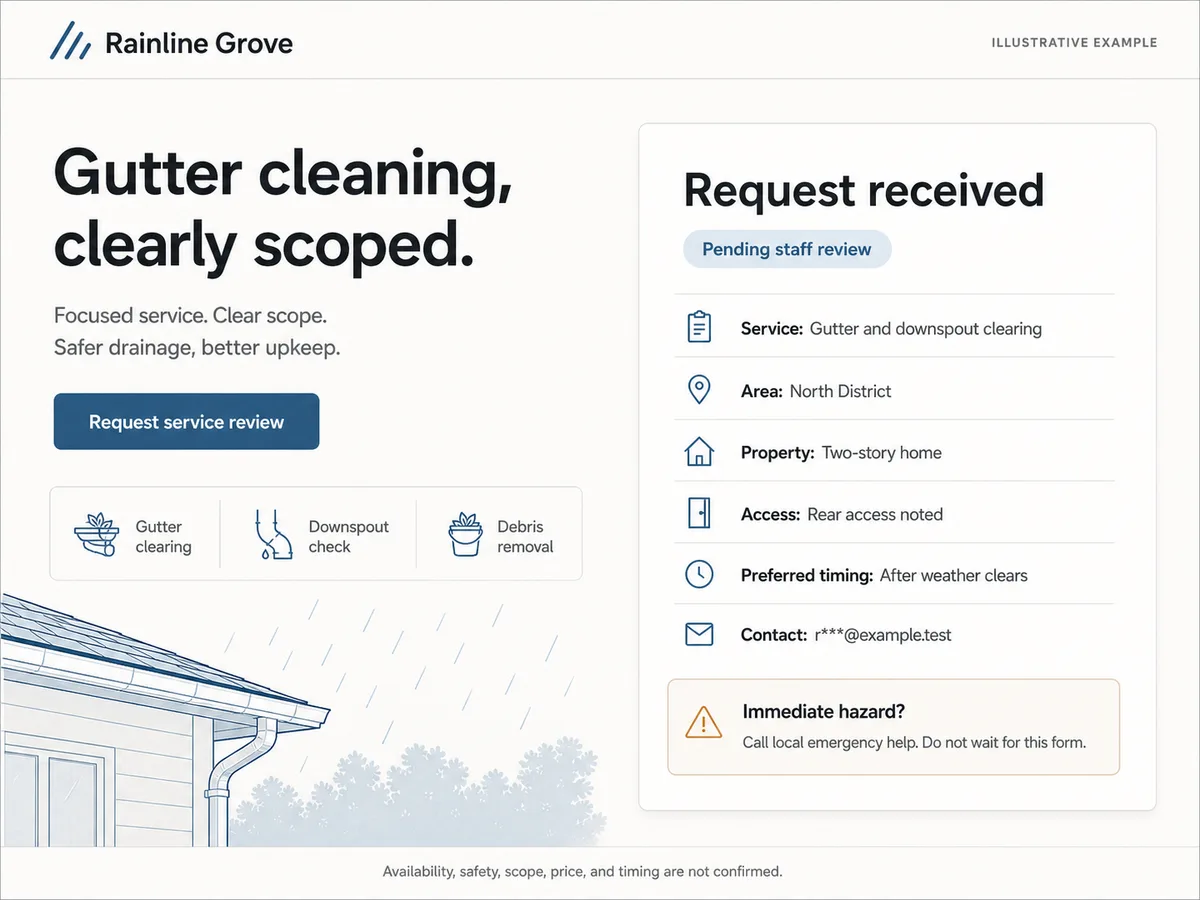 Illustrative Rainline Grove gutter cleaning website showing a request received with pending staff review, customer-reported two-story access details, timing after weather clears, and immediate-hazard guidance.