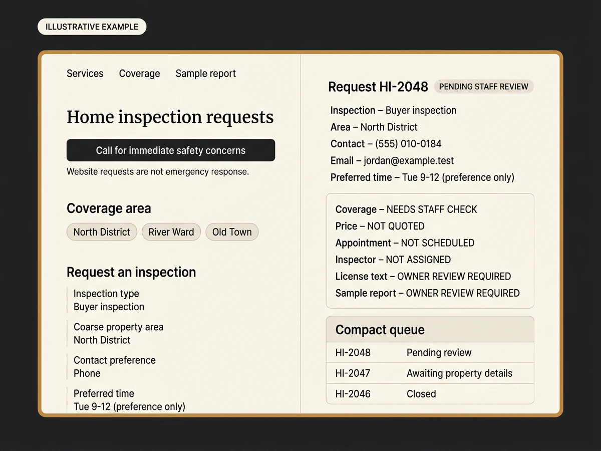 Unbranded illustrative home inspection interface with public services, three coverage areas, an immediate-safety call action, a bounded request form, request HI-2048 marked pending staff review, six review boundaries, and a three-row staff queue.