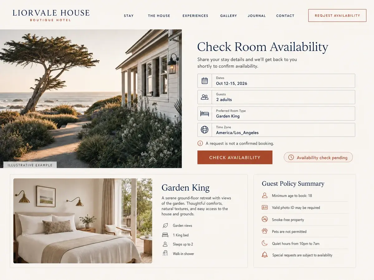 Illustrative Liorvale House hotel website showing a Garden King room and an availability request marked pending.