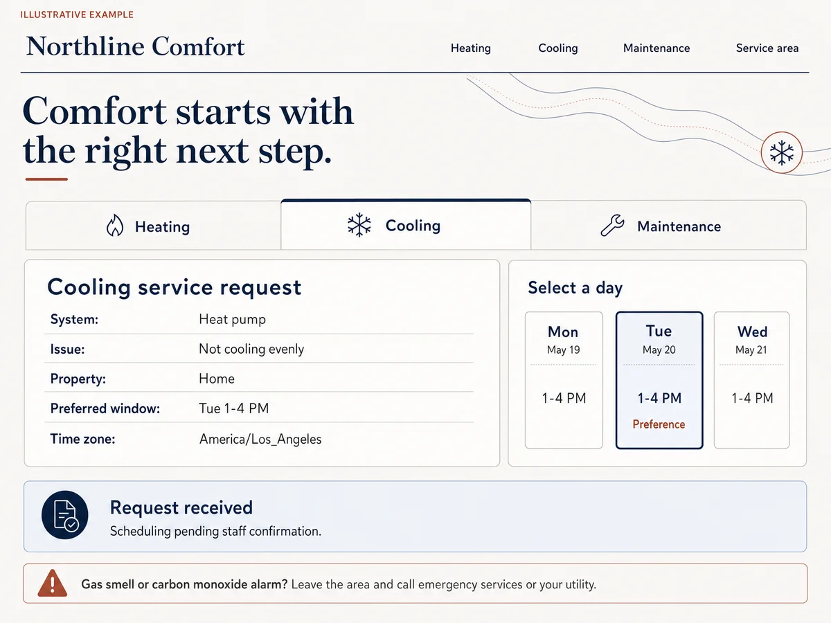 Illustrative Northline Comfort HVAC website showing a cooling service request with a preferred Tuesday window pending staff confirmation.