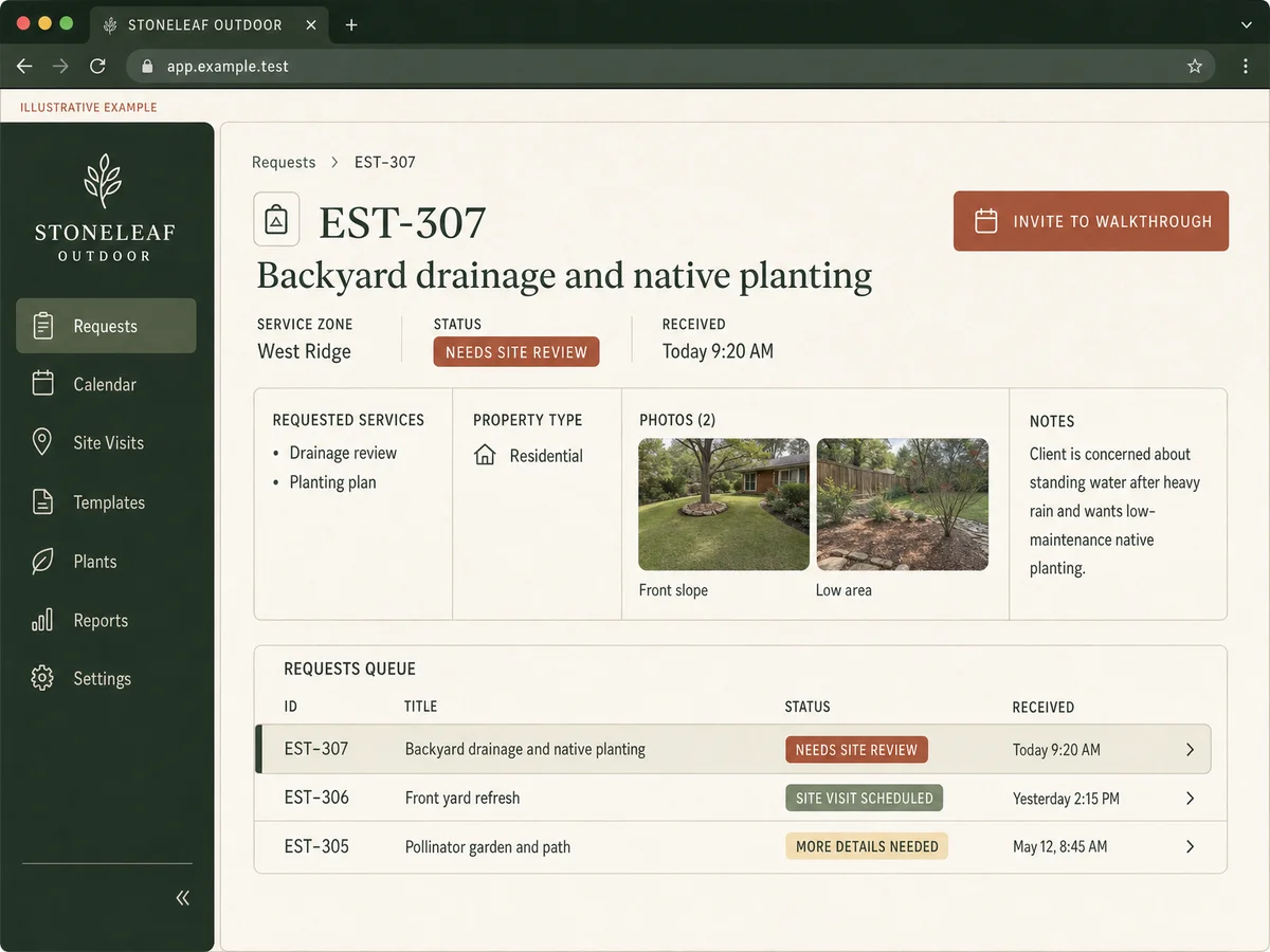 Illustrative Stoneleaf Outdoor interface showing landscaping request EST-307 marked needs site review, with two site photos and a three-row estimate queue.