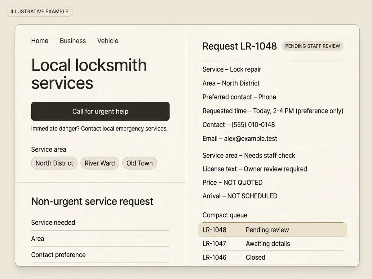 Unbranded illustrative interface with a public locksmith site showing an urgent-call button, three service areas, and a non-urgent form beside request LR-1048, its pending-review boundary, and a three-row staff queue.