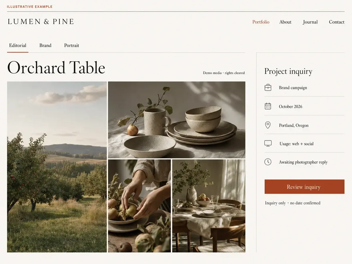 Illustrative Lumen and Pine photography portfolio showing the Orchard Table project with four images and a brand-campaign inquiry marked Awaiting photographer reply.