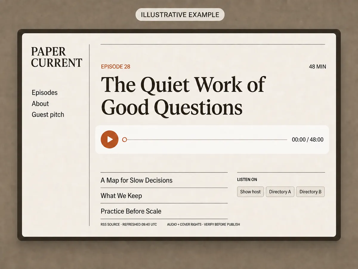 Illustrative Paper Current website with a paused 48-minute episode player, three episode titles, feed freshness, a rights-check reminder, and neutral external listening buttons.